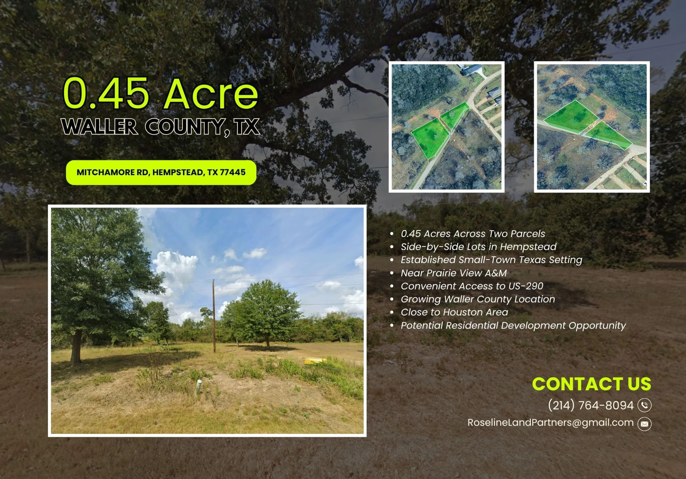 0.45 Acres • Two Adjoining Lots • 313' of Paved-Road Frontage • Single-Family Residential Zoning • Cleared & Outside the Flood Zone • Growing Hempstead/Waller County Location • Owner Financing Available in Waller County, TX