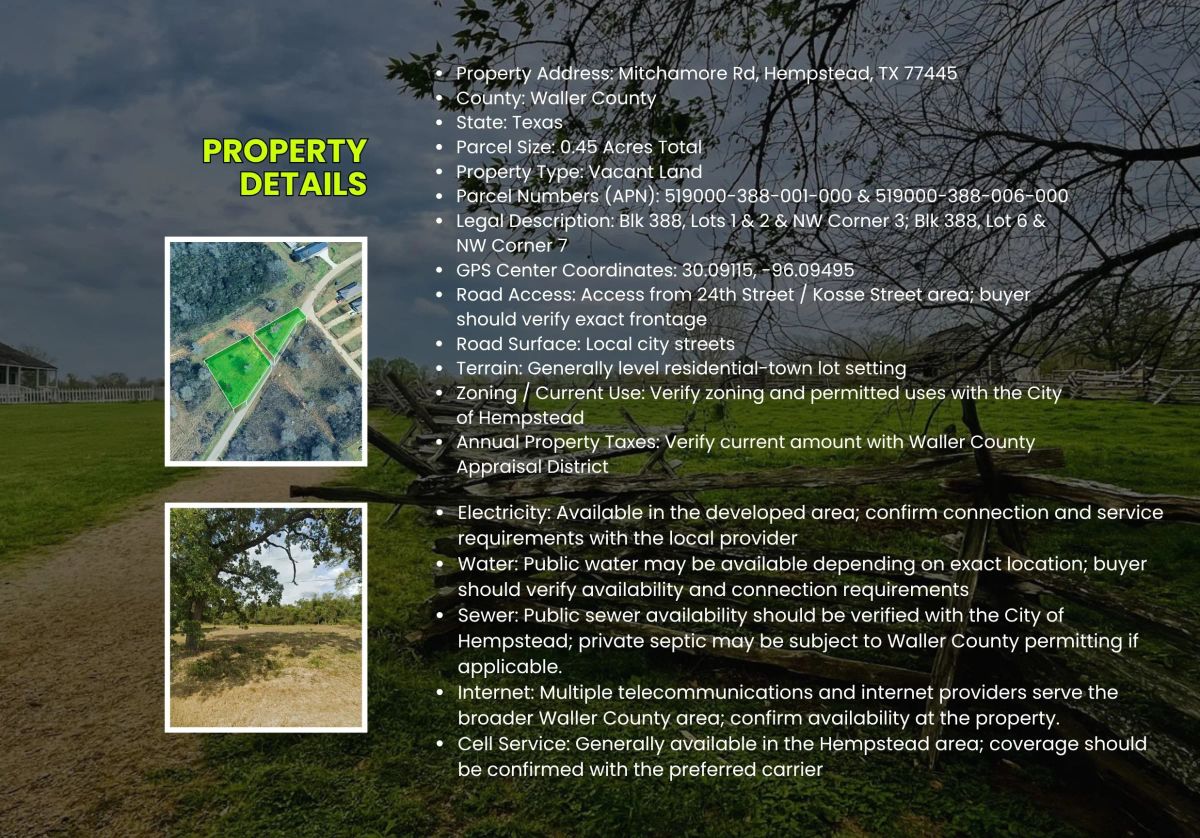 0.45 Acres • Two Adjoining Lots • 313' of Paved-Road Frontage • Single-Family Residential Zoning • Cleared & Outside the Flood Zone • Growing Hempstead/Waller County Location • Owner Financing Available - Image 3
