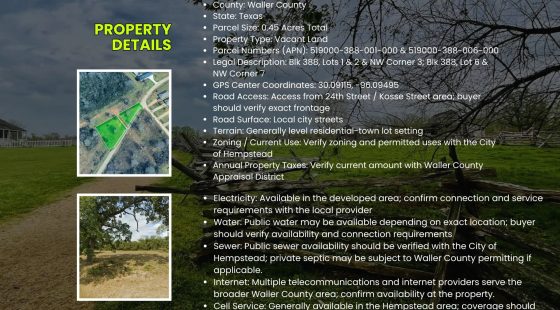 0.45 Acres • Two Adjoining Lots • 313' of Paved-Road Frontage • Single-Family Residential Zoning • Cleared & Outside the Flood Zone • Growing Hempstead/Waller County Location • Owner Financing Available in Waller County, TX
