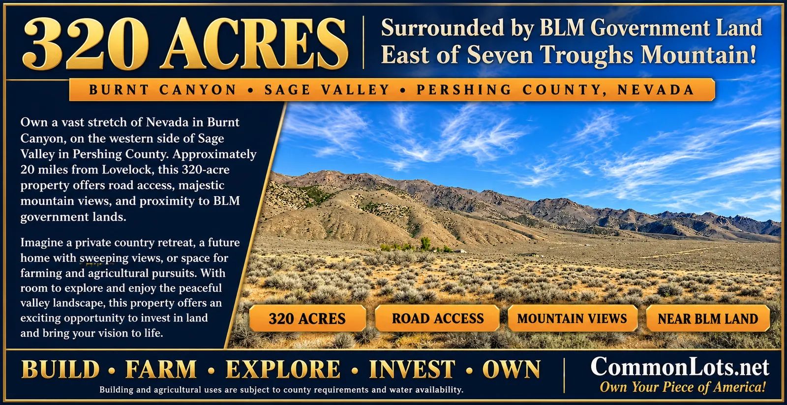 320 Acres Surrounded by BLM Government Land — East of Seven Troughs Mountain! Imagine a private country retreat, a future home with sweeping views, or space for farming and agricultural pursuits. in Pershing County, NV
